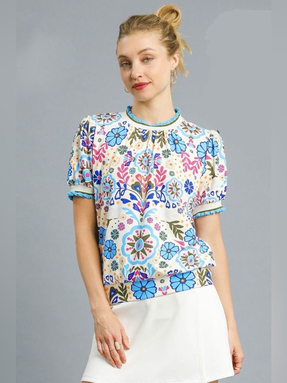 Umgee Retro Floral Puff Sleeve Top